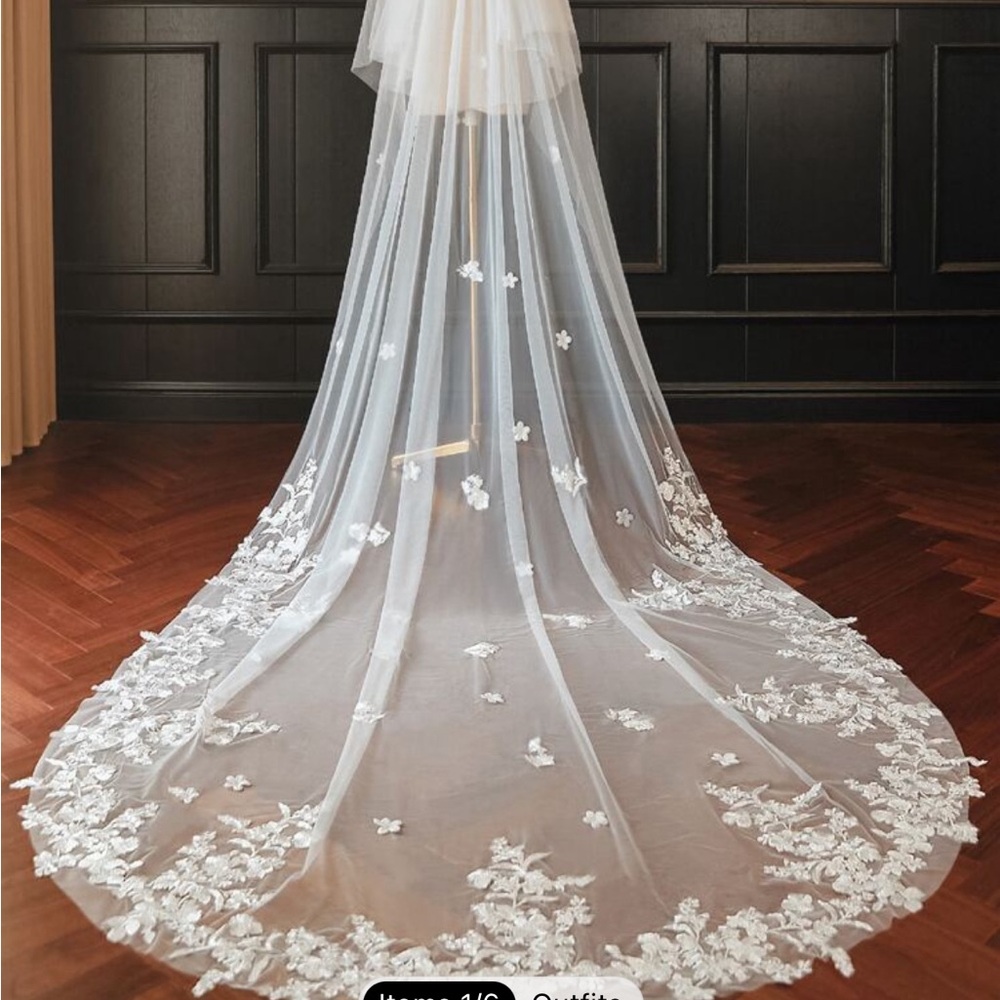 Ivory Tulle Bridal Veil With Flower Petals & Lace Trim
